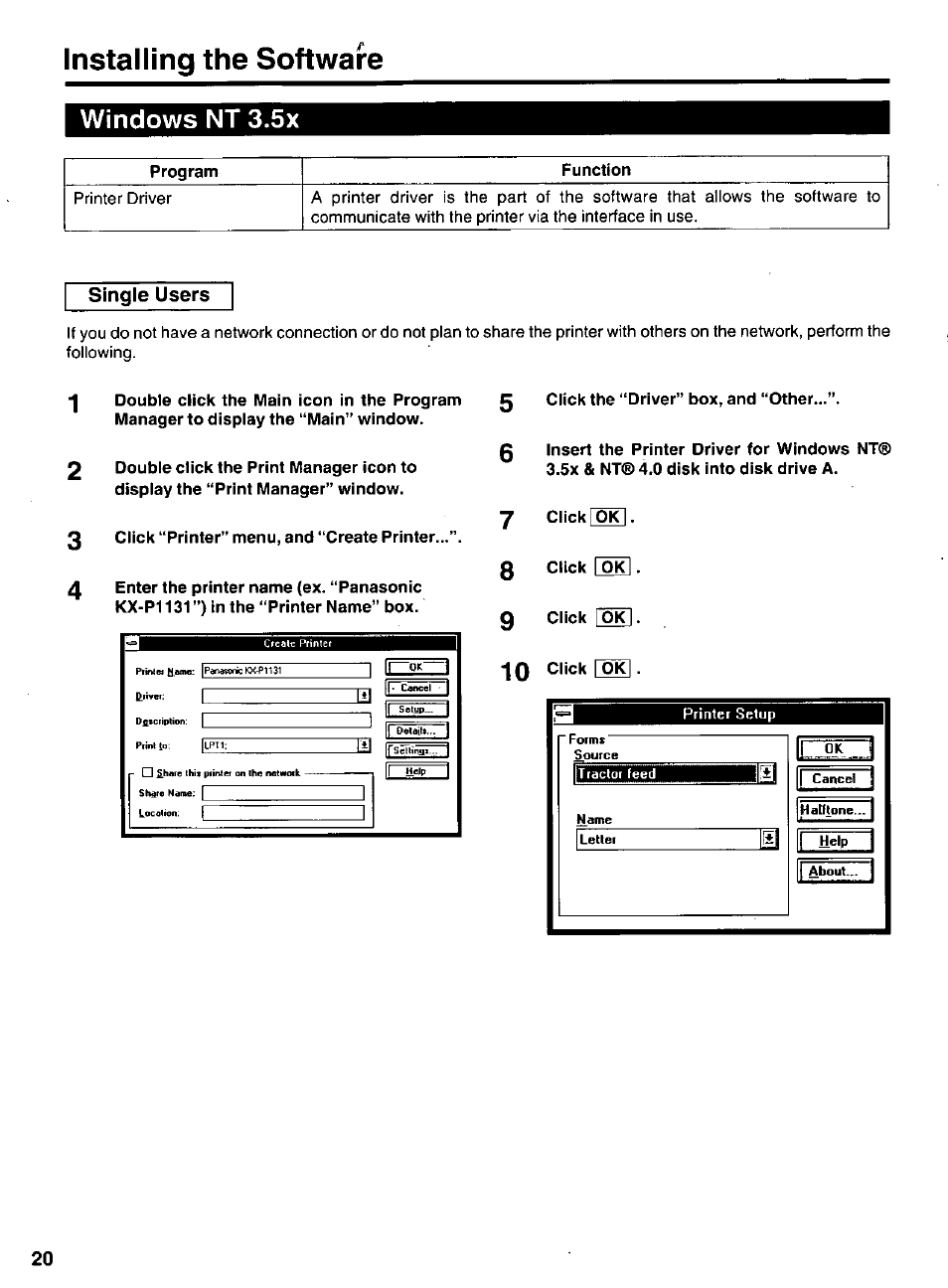 Single users, Installing the software, Windows nt 3.5x | Panasonic KX-P 1131 User Manual | Page 20 / 44