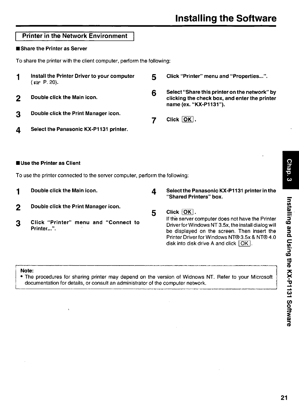 Printer in the network environment, Installing the software | Panasonic KX-P 1131 User Manual | Page 21 / 44