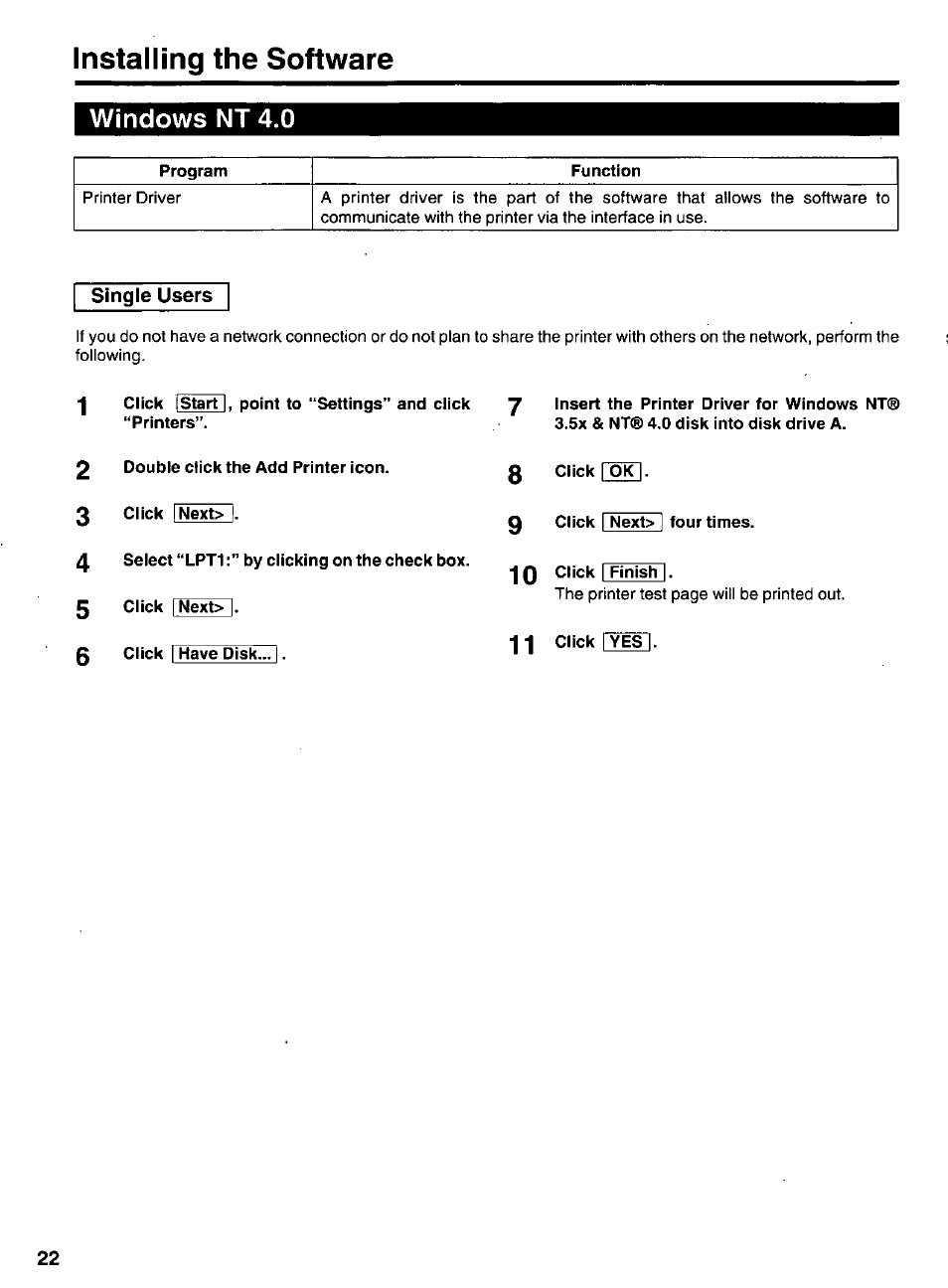 Windows nt 4.0, Single users, Installing the software | Panasonic KX-P 1131 User Manual | Page 22 / 44