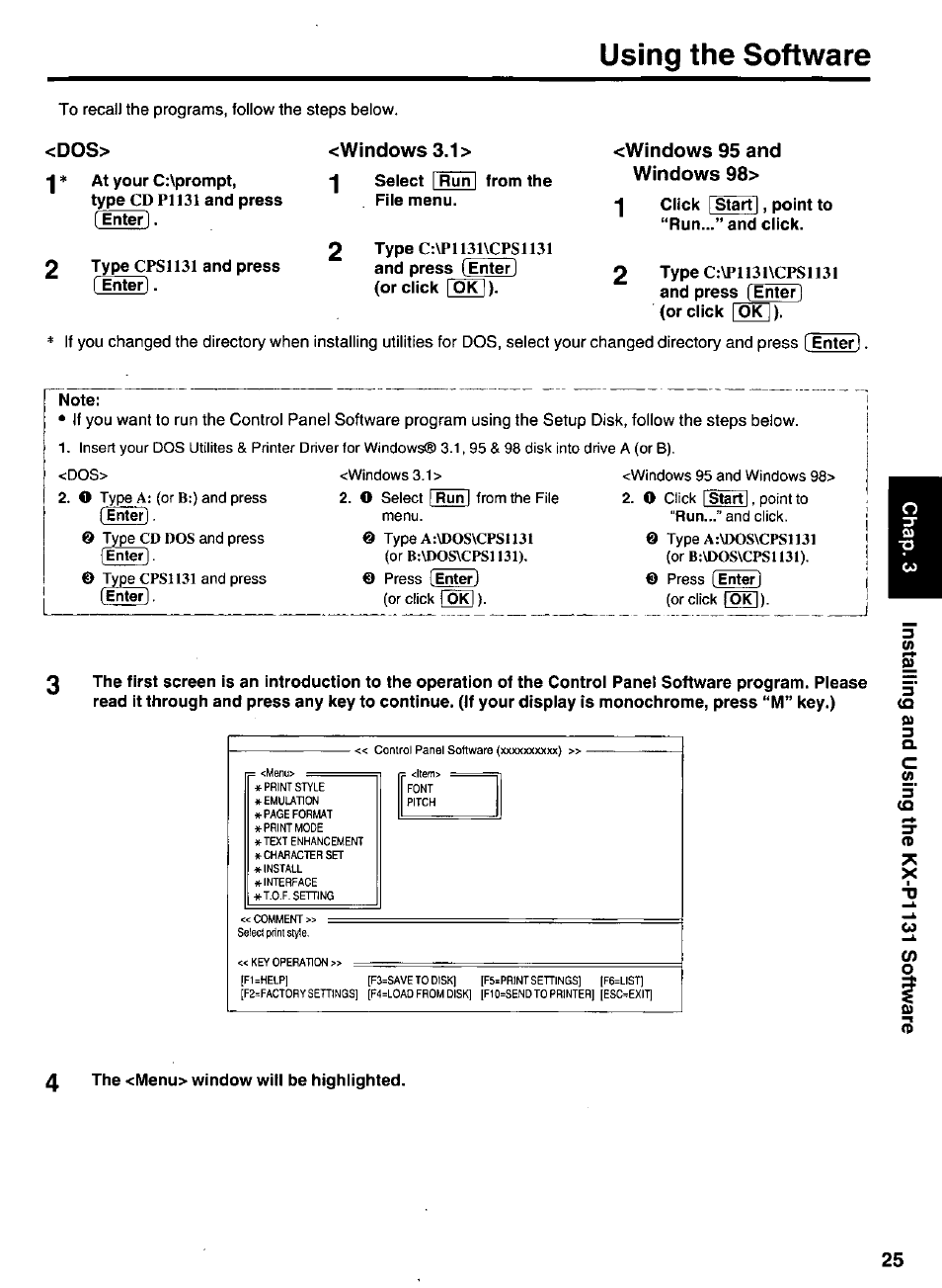 Windows 3.1, Windows 95 and windows 98, The <menu> window will be highlighted | Using the software, I). 2, Dos> <windows 3.1, A. c 5 | Panasonic KX-P 1131 User Manual | Page 25 / 44