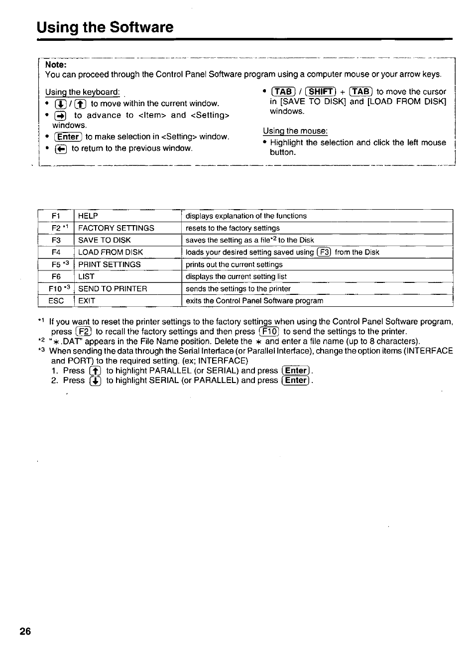 Note, Using the software | Panasonic KX-P 1131 User Manual | Page 26 / 44