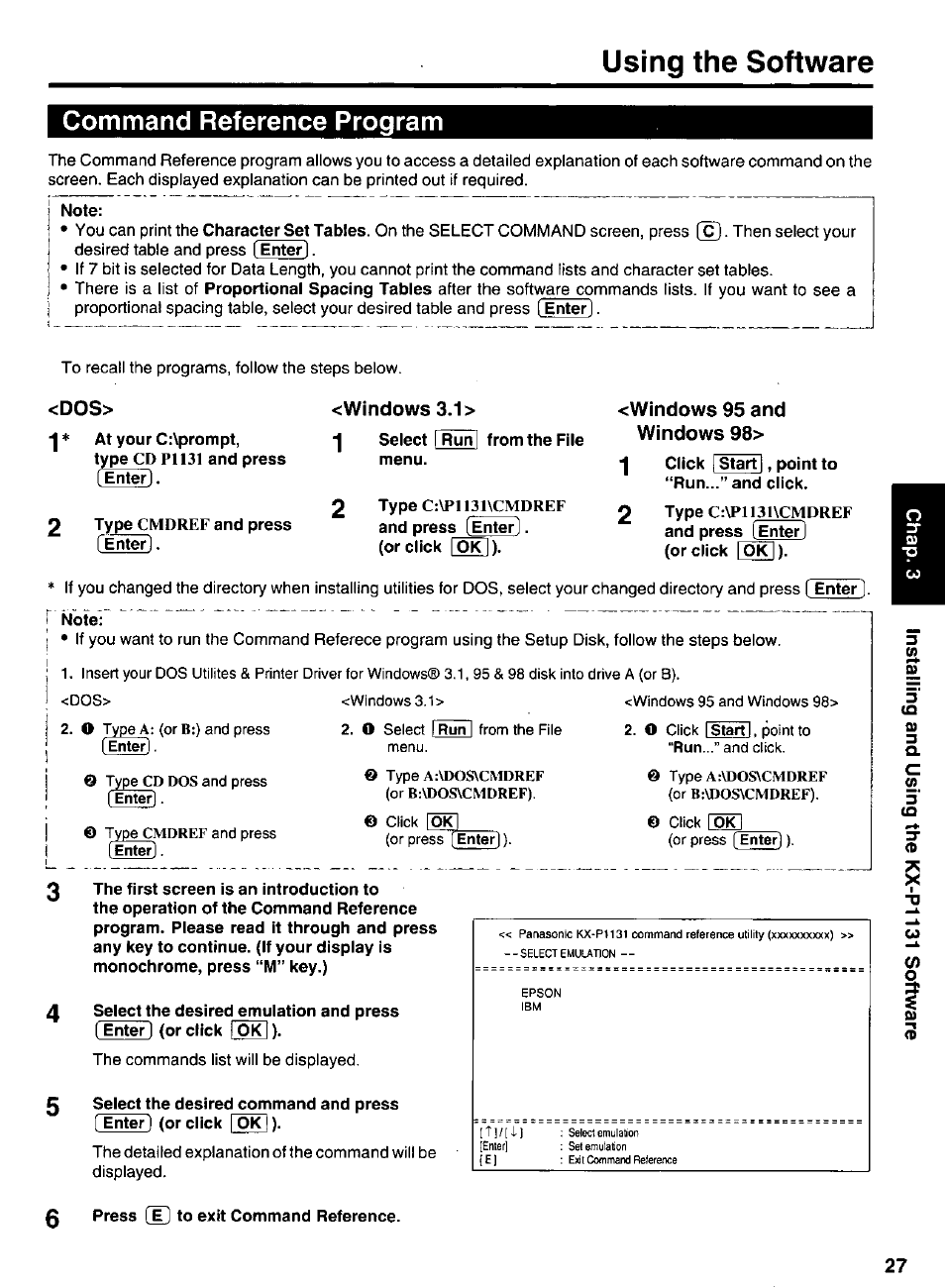 Note, I note, 0 press [e] to exit command reference | Using the software, Command reference program, Wincjows, Windows 95 and, Windows 98 | Panasonic KX-P 1131 User Manual | Page 27 / 44