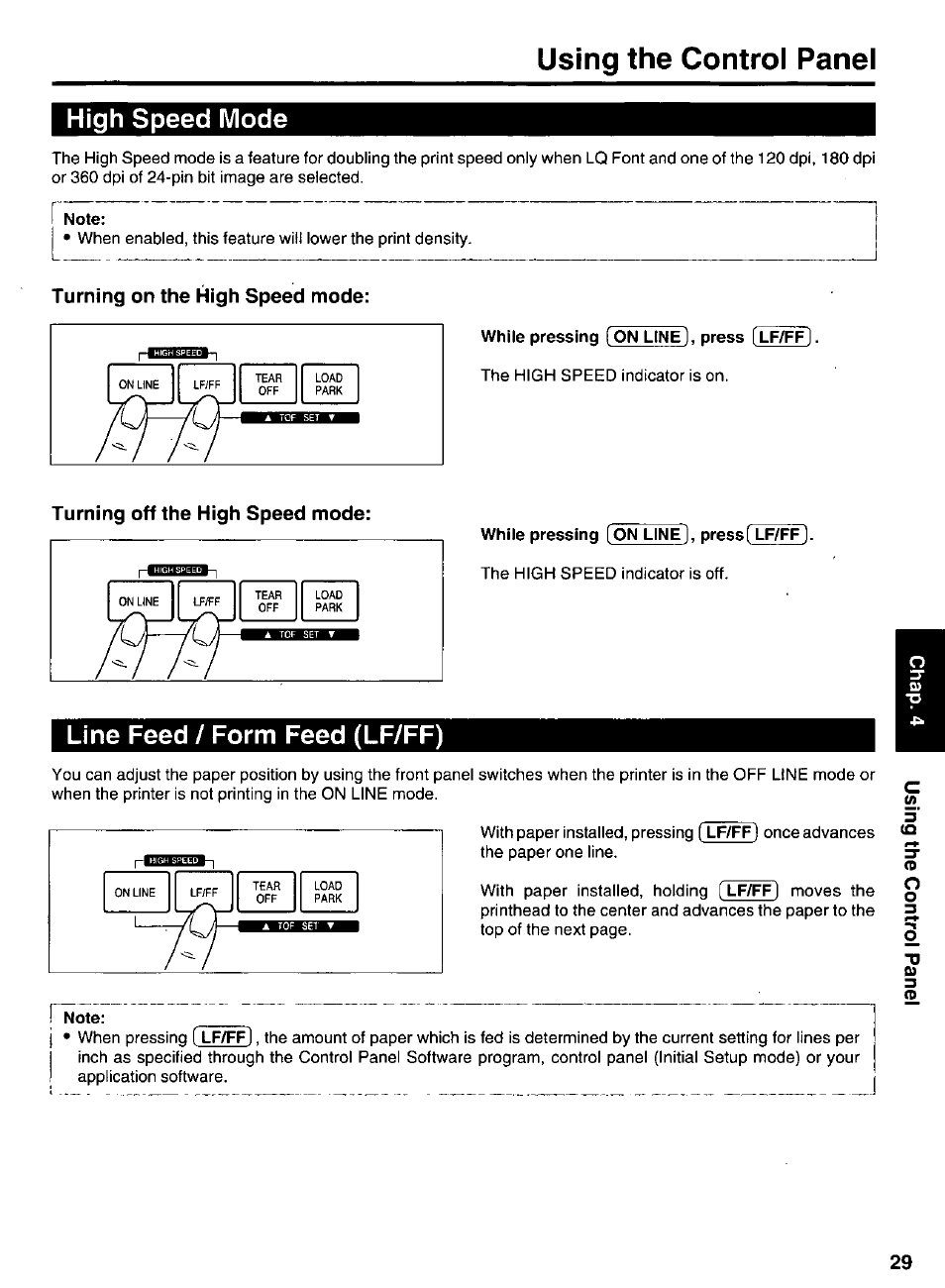 High speed mode, Turning on the high speed mode, Turning off the high speed mode | Line feed / form feed (lf/ff), Using the control panel | Panasonic KX-P 1131 User Manual | Page 29 / 44