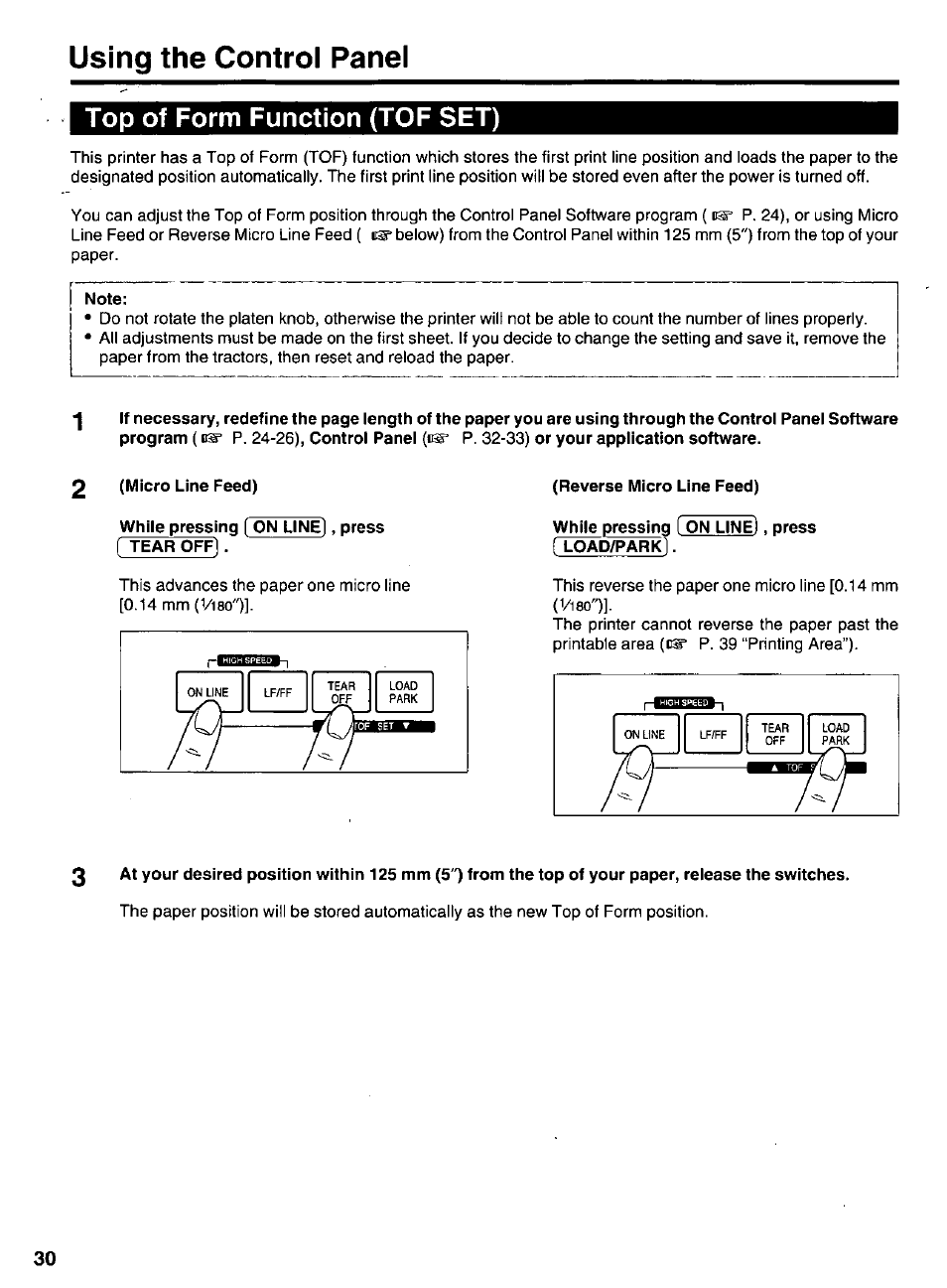 Top of form function (tof set), Note, Reverse micro line feed) | While pressing [ on line], press {toad/park, Using the control panel | Panasonic KX-P 1131 User Manual | Page 30 / 44