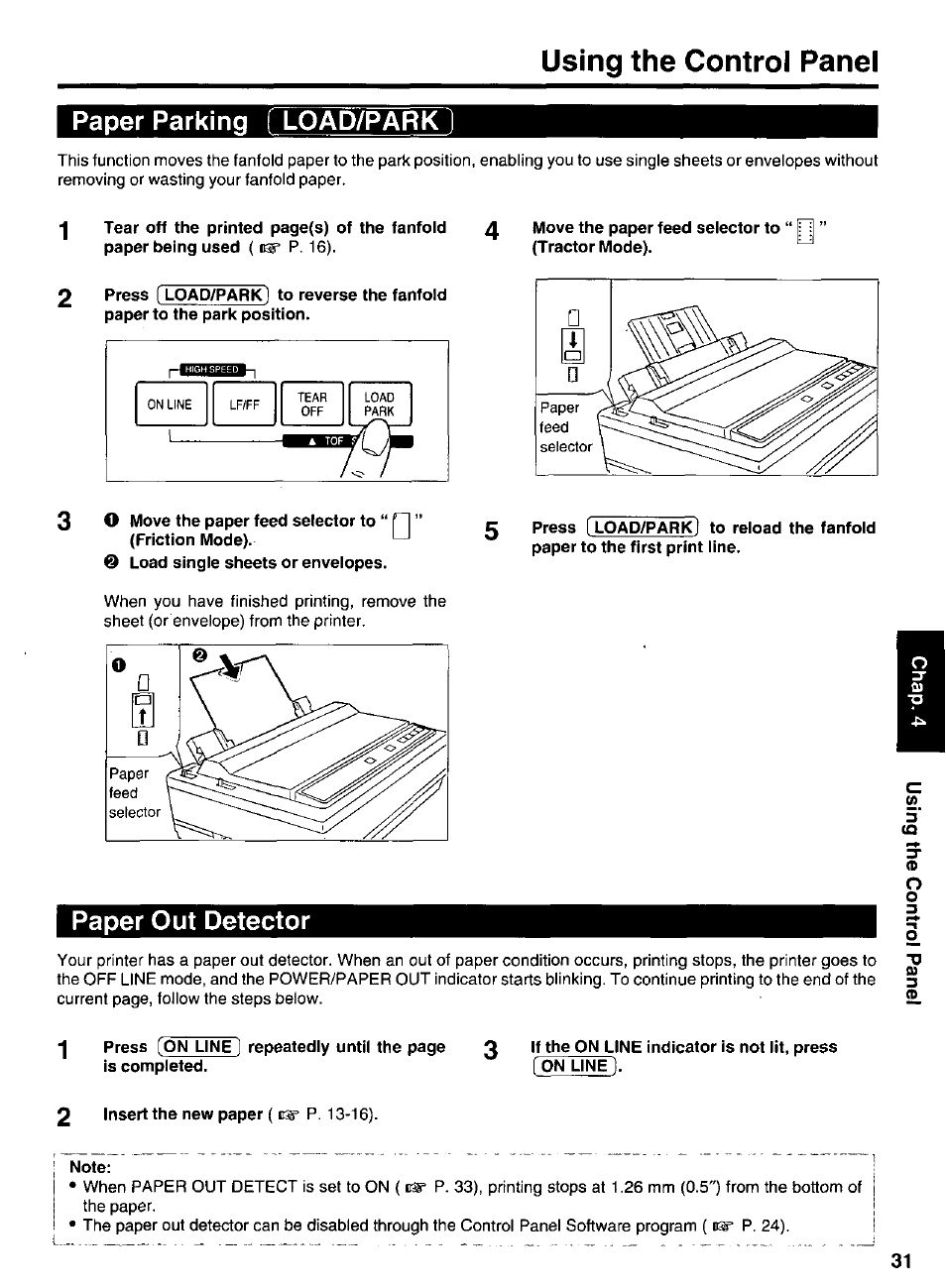 Paper parking ( load/park, Load single sheets or envelopes, Paper out detector | 2 insert the new paper ( p. 13-16), Using the control panel | Panasonic KX-P 1131 User Manual | Page 31 / 44