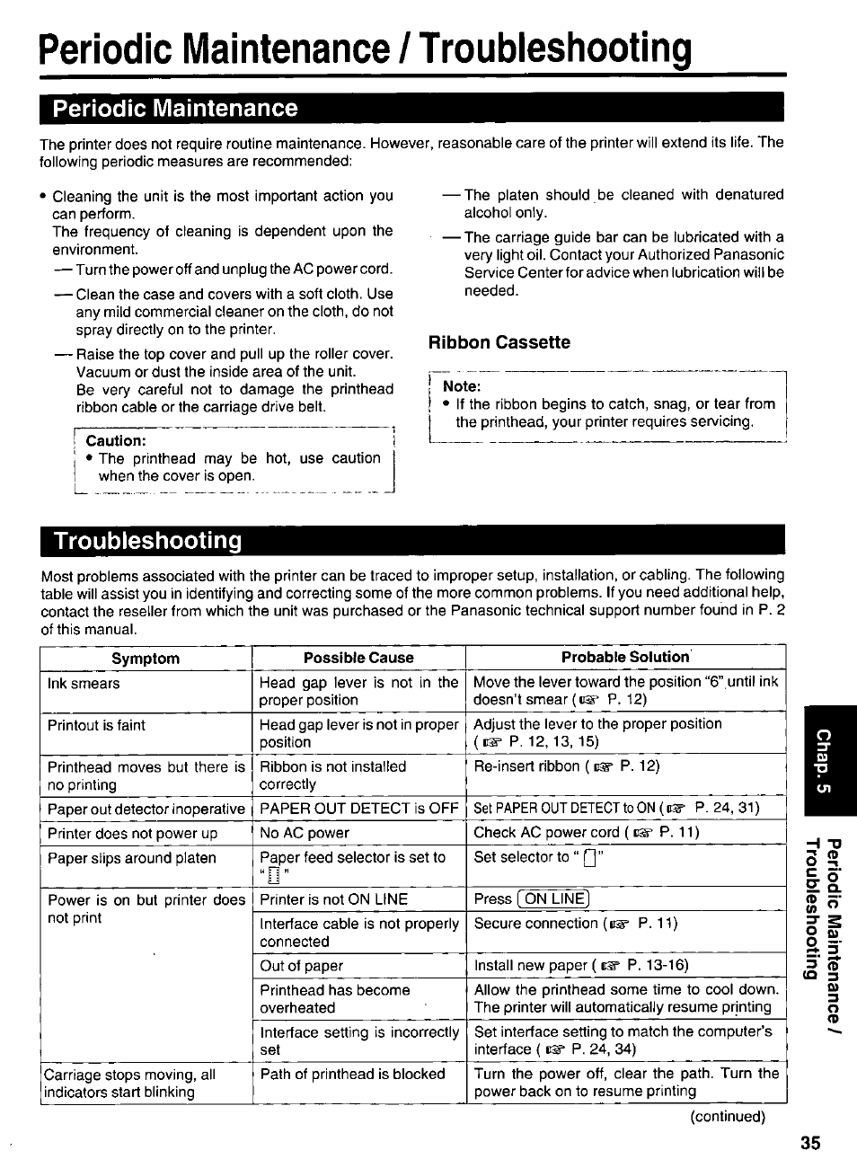 Periodic maintenance / troubieshooting, Ribbon cassette, Note | H -p, Periodic maintenance, Troubleshooting | Panasonic KX-P 1131 User Manual | Page 35 / 44