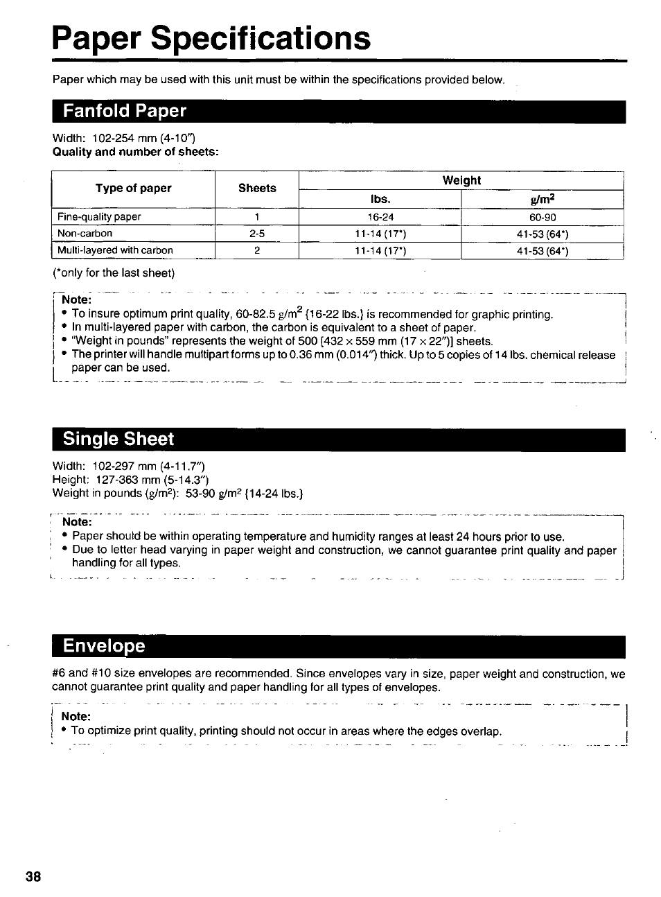 Paper specifications, Note, Fanfold paper | Single sheet, Envelope | Panasonic KX-P 1131 User Manual | Page 38 / 44