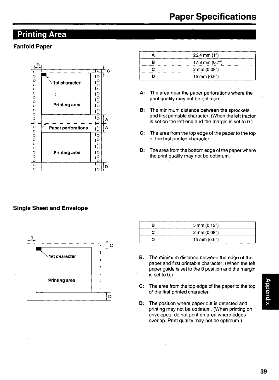 Printing area, Fanfold paper, Single sheet and envelope | Paper specifications | Panasonic KX-P 1131 User Manual | Page 39 / 44