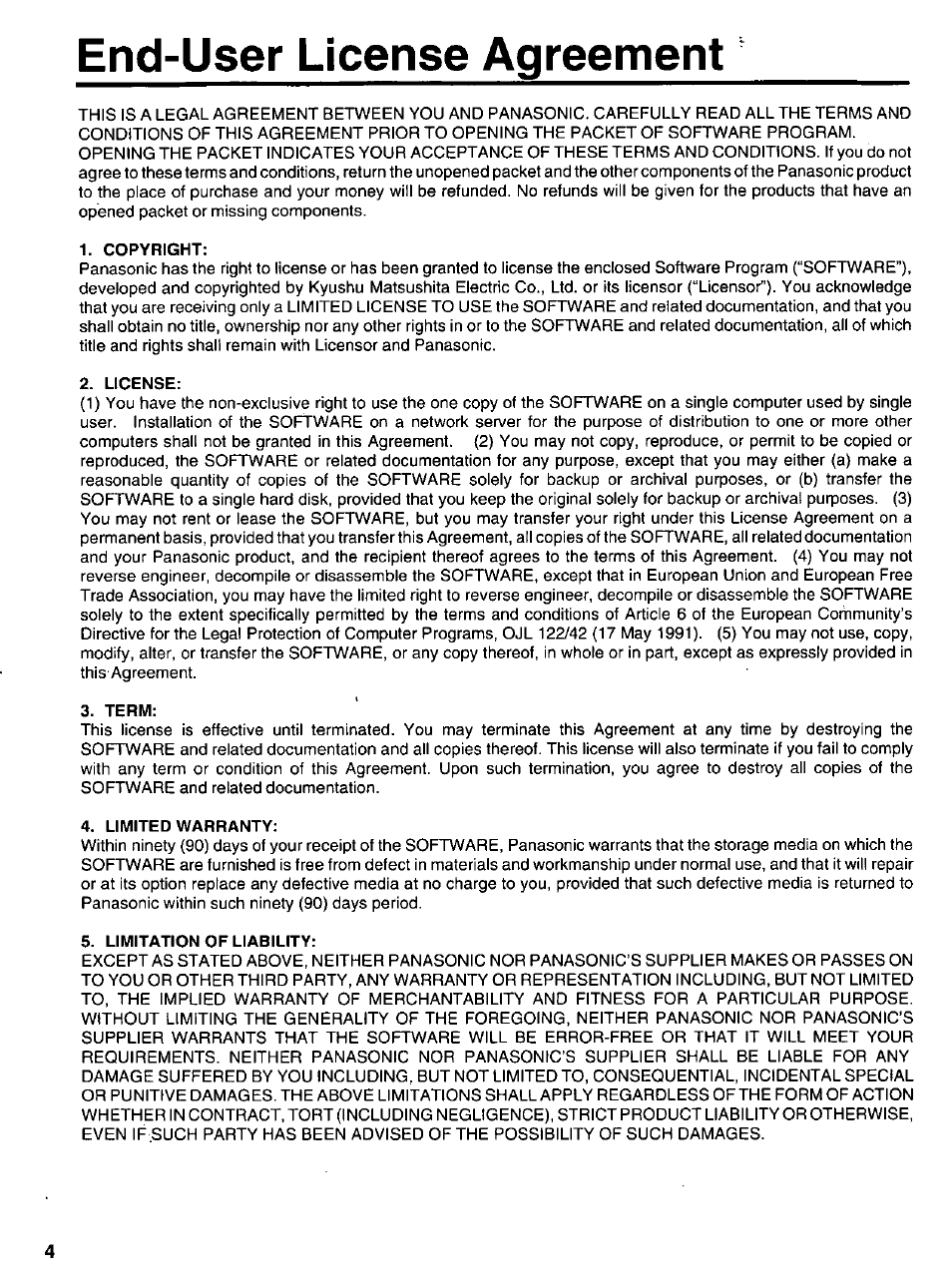 End-user license agreement, Copyright, License | Term, Limited warranty, Limitation of liability | Panasonic KX-P 1131 User Manual | Page 4 / 44