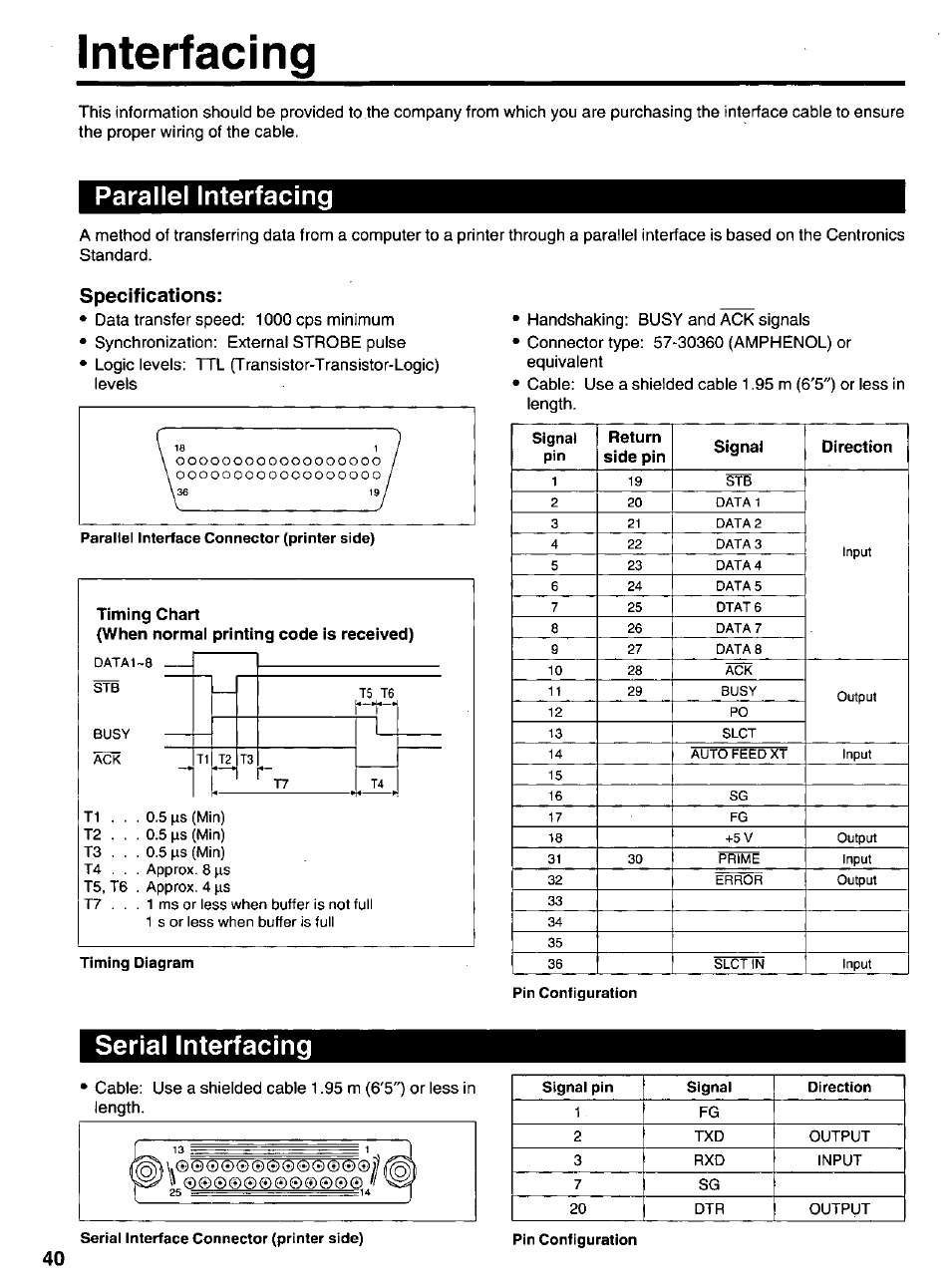 Interfacing, Parallel interfacing, Specifications | Timing chart, Serial interfacing | Panasonic KX-P 1131 User Manual | Page 40 / 44