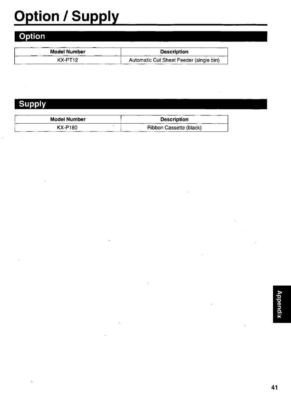 Option / supply, Option, Supply | Panasonic KX-P 1131 User Manual | Page 41 / 44