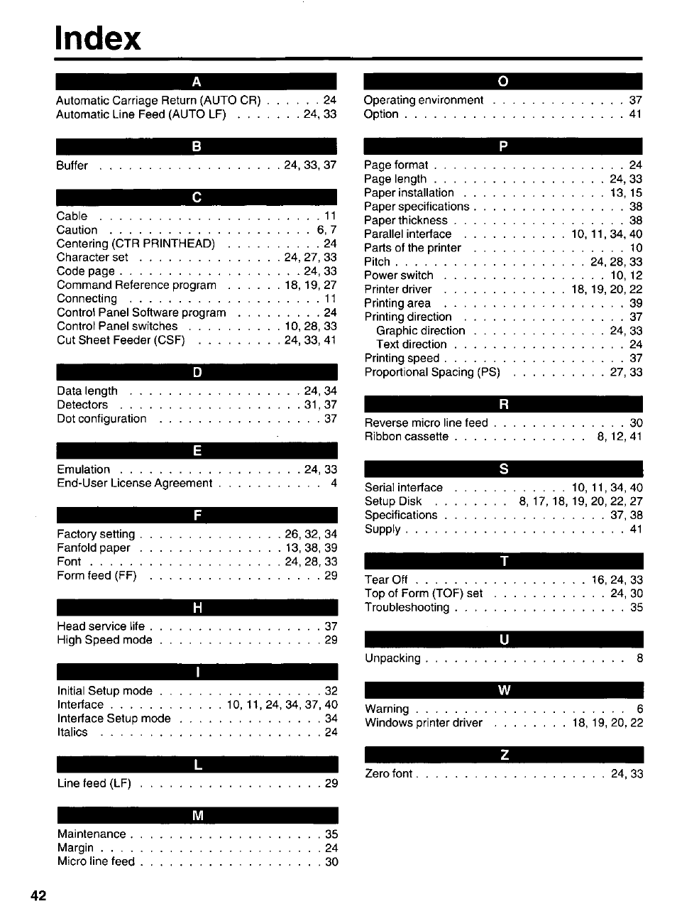 Index | Panasonic KX-P 1131 User Manual | Page 42 / 44