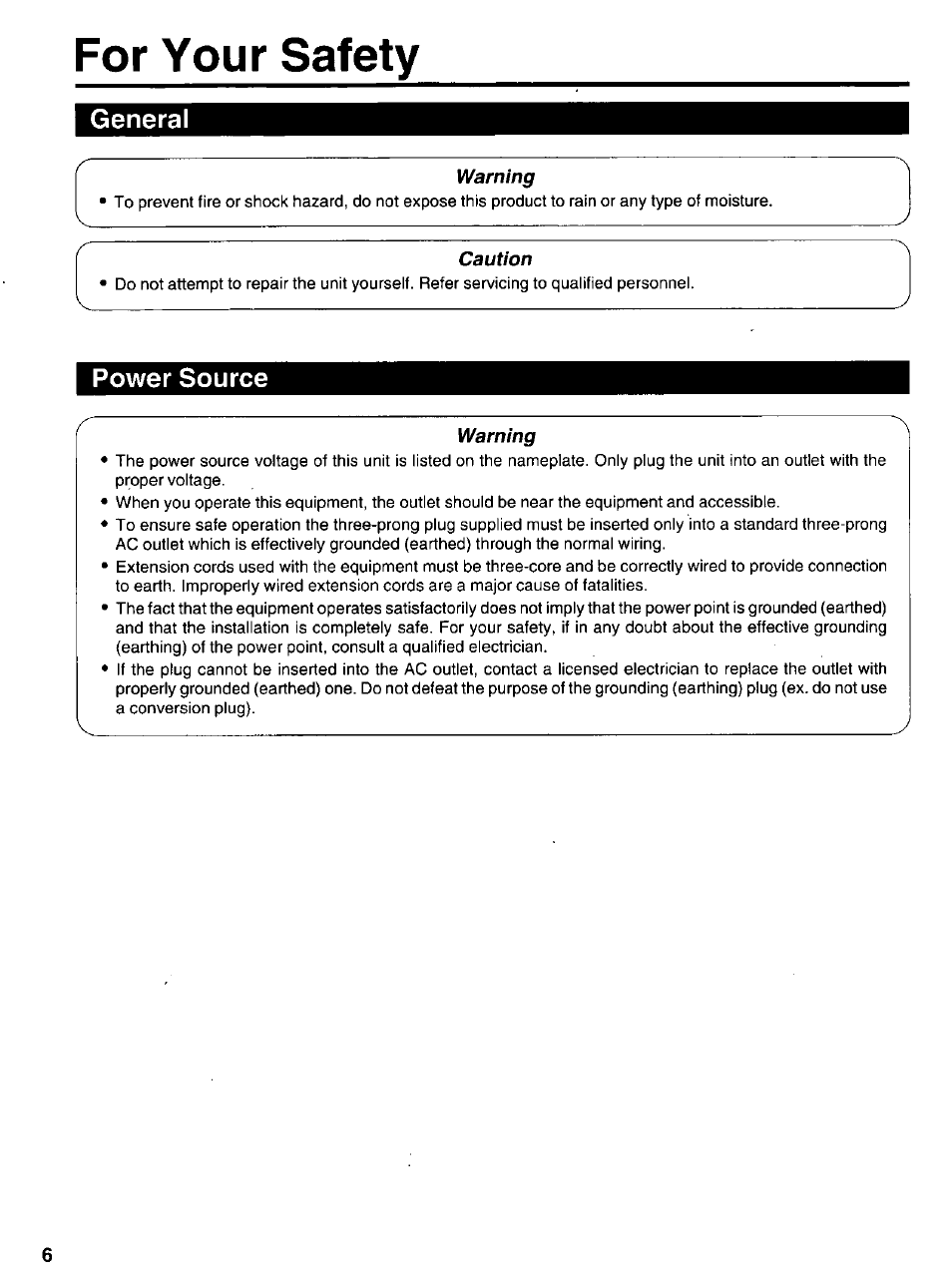 For your safety, General, Power source | Panasonic KX-P 1131 User Manual | Page 6 / 44