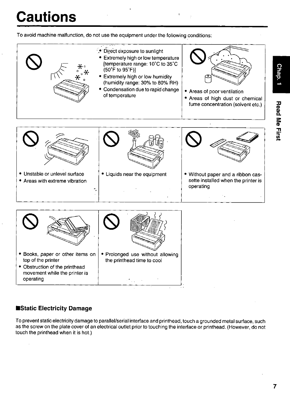 Cautions, Static electricity damage | Panasonic KX-P 1131 User Manual | Page 7 / 44