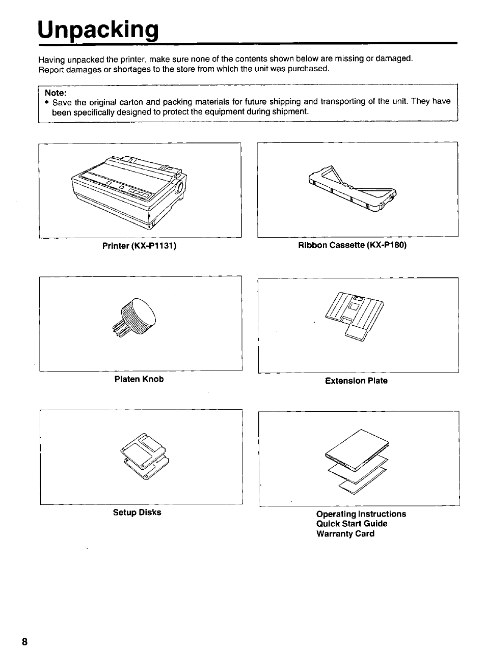 Unpacking, Note | Panasonic KX-P 1131 User Manual | Page 8 / 44