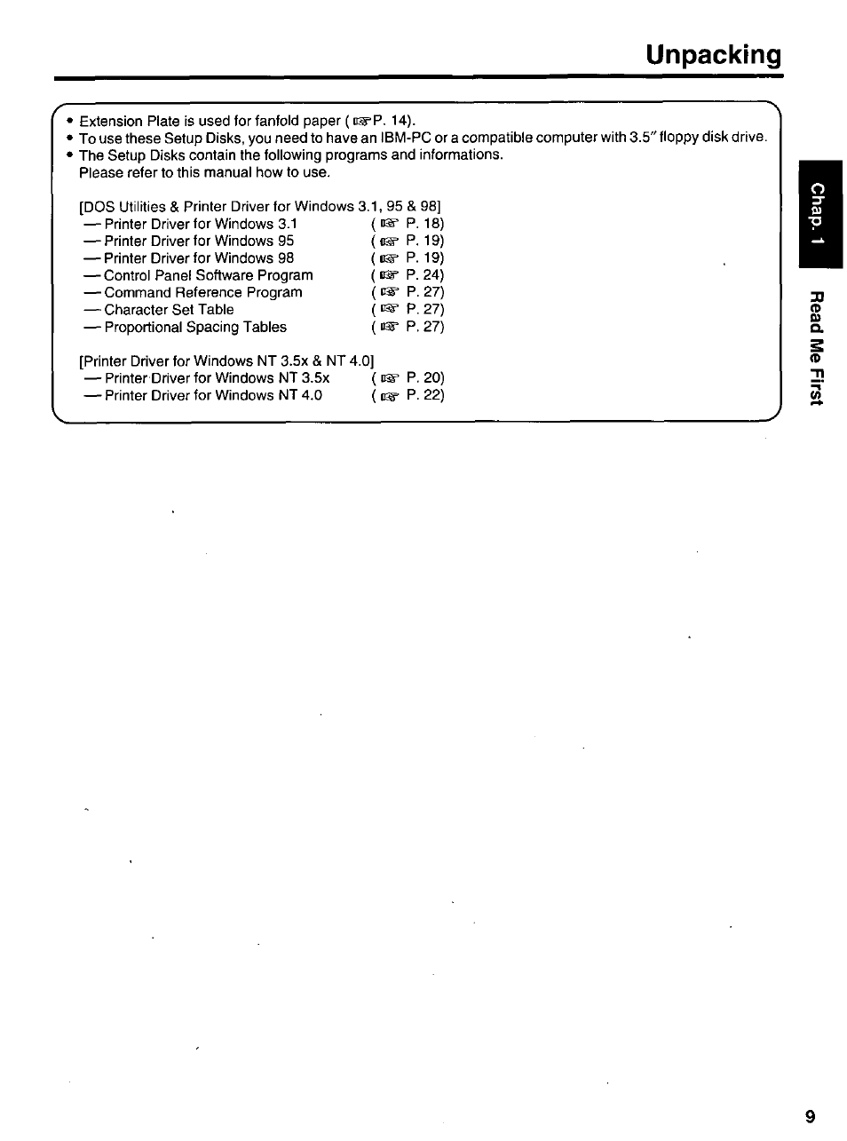 Unpacking | Panasonic KX-P 1131 User Manual | Page 9 / 44