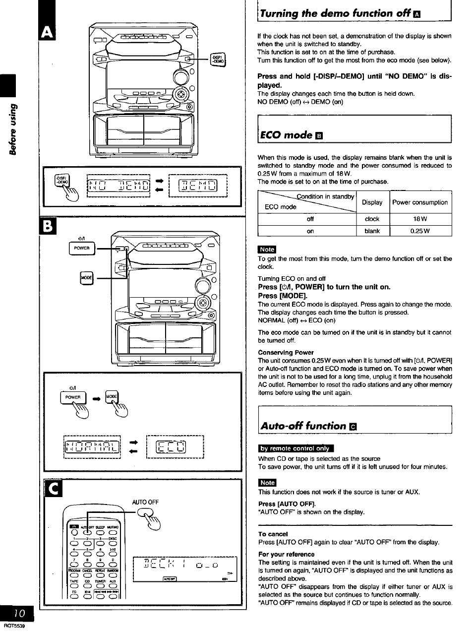 Turning the demo function off q, Eco mode p, Auto-off function p | Panasonic SC-AK14 User Manual | Page 10 / 32