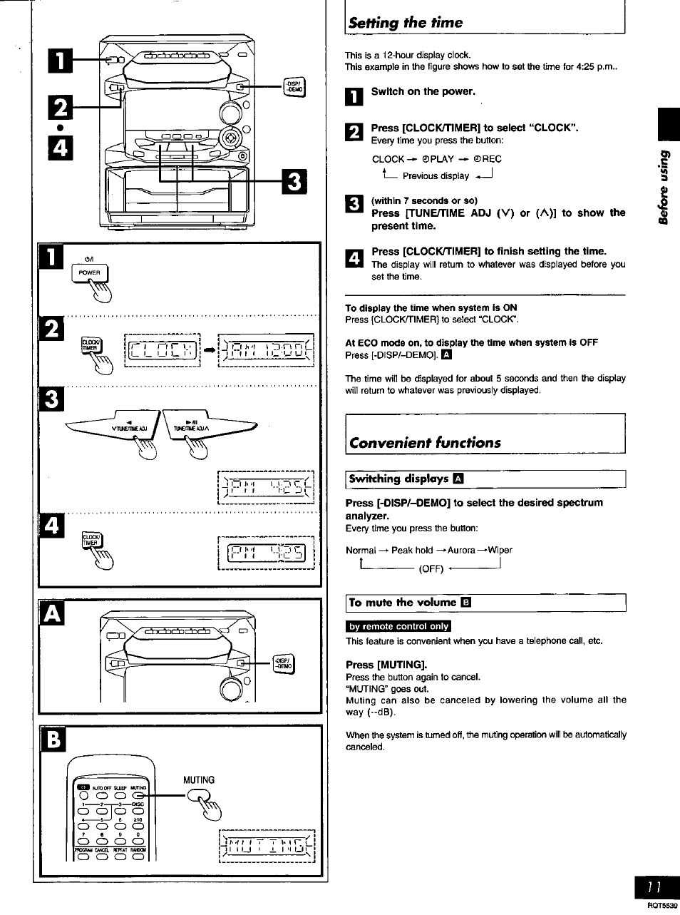 Switch on the power, Press [clockhimer] to select “clock, Press [clock/timer] to finish setting the time | To mute the volume q, Press [muting | Panasonic SC-AK14 User Manual | Page 11 / 32