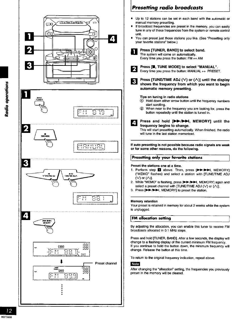 Press p, tune mode] to select “manual, Press and hold memory] until the, Presetting radio broadcasts | Panasonic SC-AK14 User Manual | Page 12 / 32