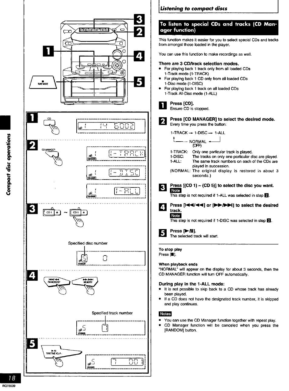 Press [cd manager] to select the desired mode, Press [(cd 1)(cd 5)] to select the disc you want, Press | Panasonic SC-AK14 User Manual | Page 18 / 32