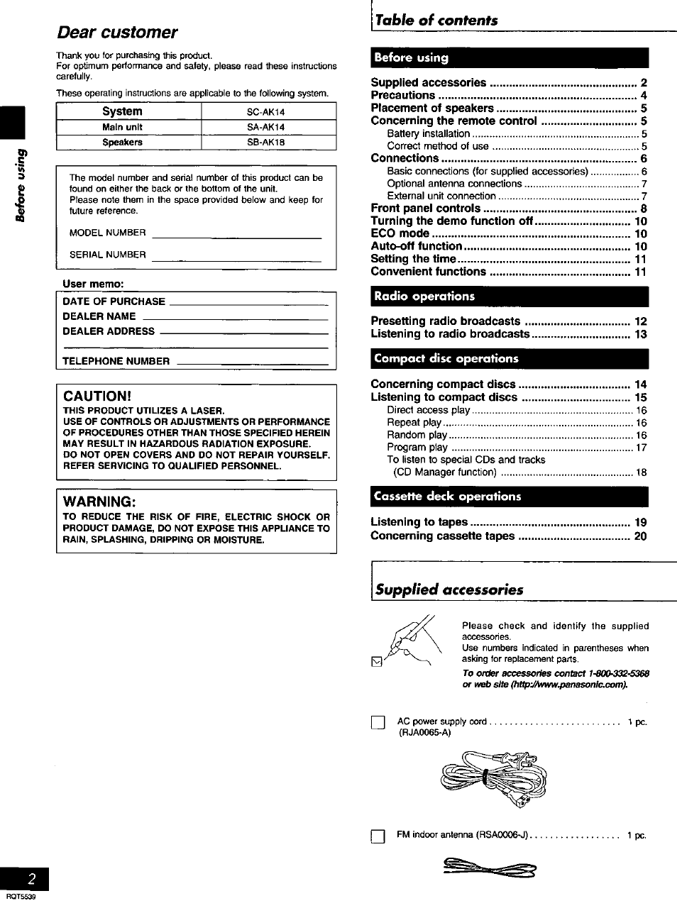 Panasonic SC-AK14 User Manual | Page 2 / 32