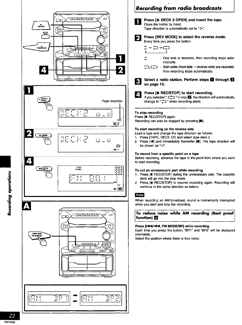 Press deck 2 open] and insert the tape, Press [rev mode] to select the reverse mode | Panasonic SC-AK14 User Manual | Page 22 / 32