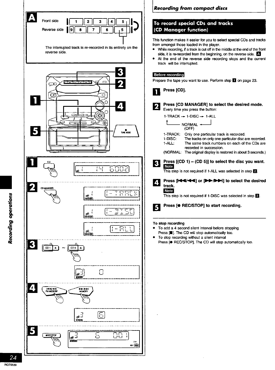 Wu press [cd, Press [cd manager] to select the desired mode, Press [(cd 1) (cd 5)] to select the disc you want | Press or [►^/►w] to select the desired, Press [• rec/stop] to start recording | Panasonic SC-AK14 User Manual | Page 24 / 32