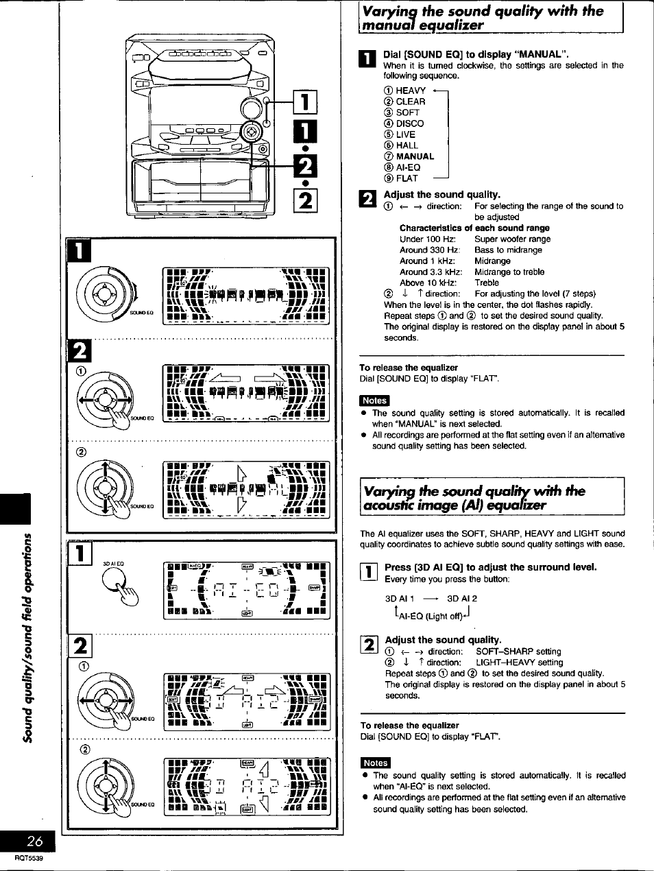 Dial [sound eq] to display “manual, Press [3d al eq] to adjust the surround level, Adjust the sound quality | Siv'\t, The sound quality with the mahuiil equalizer | Panasonic SC-AK14 User Manual | Page 26 / 32