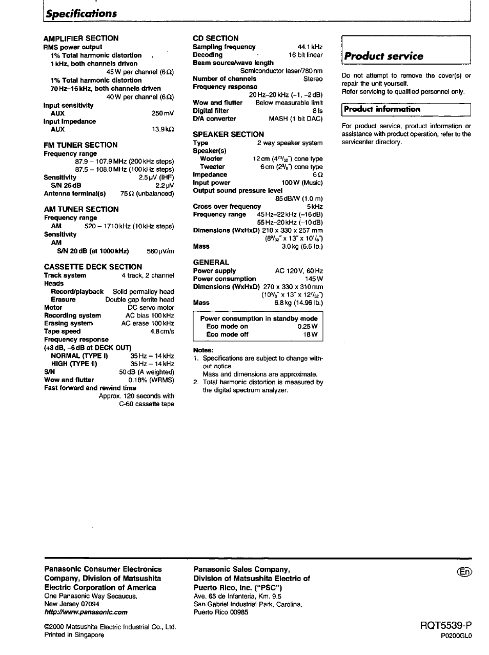 Specifications, Rqt5539-p, General | Panasonic SC-AK14 User Manual | Page 32 / 32