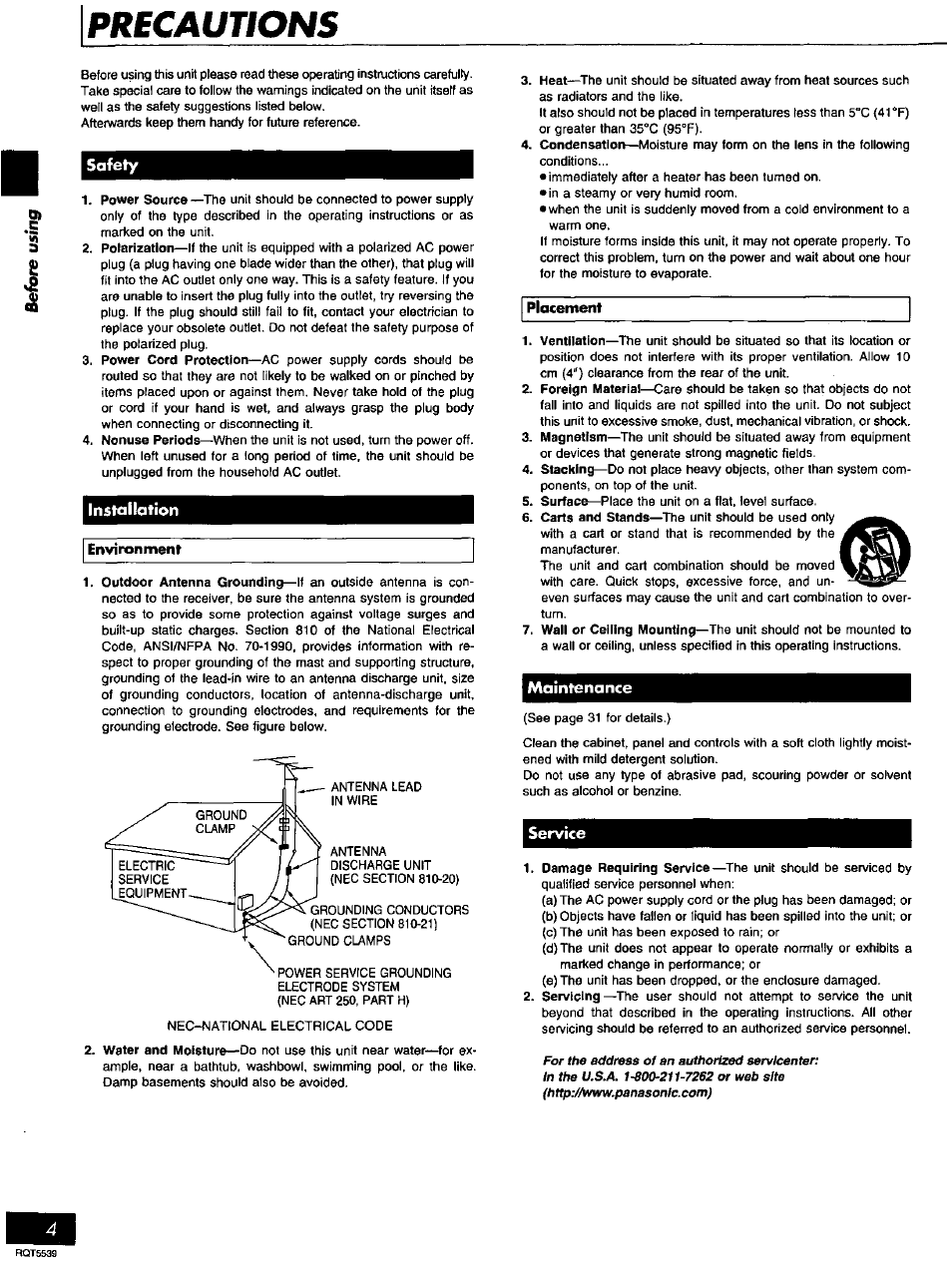Precautions | Panasonic SC-AK14 User Manual | Page 4 / 32