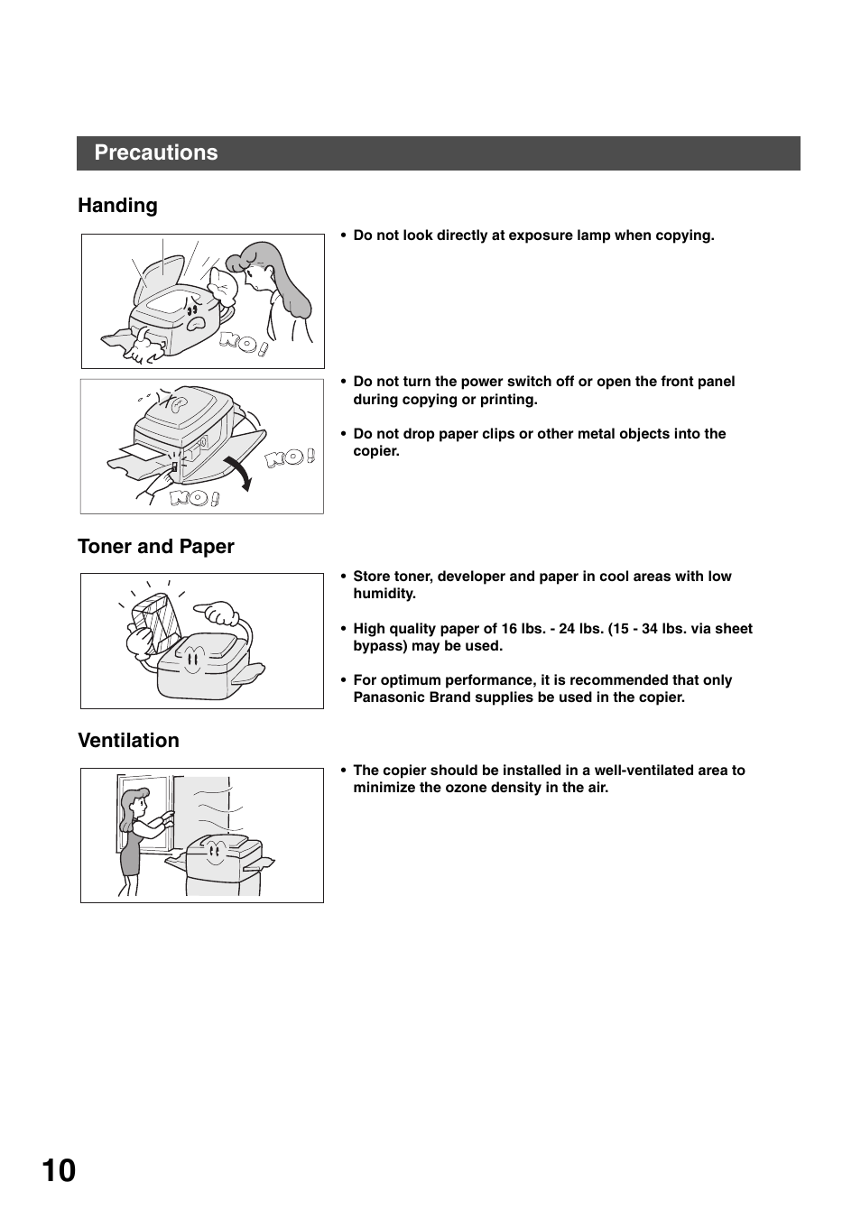 Getting to know your machine, Precautions, Handing toner and paper ventilation | Panasonic DP-135FP User Manual | Page 10 / 114