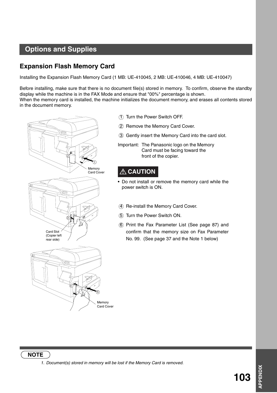 Expansion flash memory card, Appendix, Options and supplies | Caution | Panasonic DP-135FP User Manual | Page 103 / 114