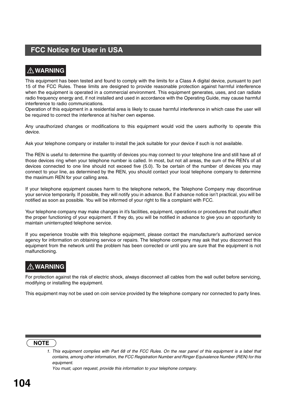 Fcc notice for user in usa, Appendix | Panasonic DP-135FP User Manual | Page 104 / 114