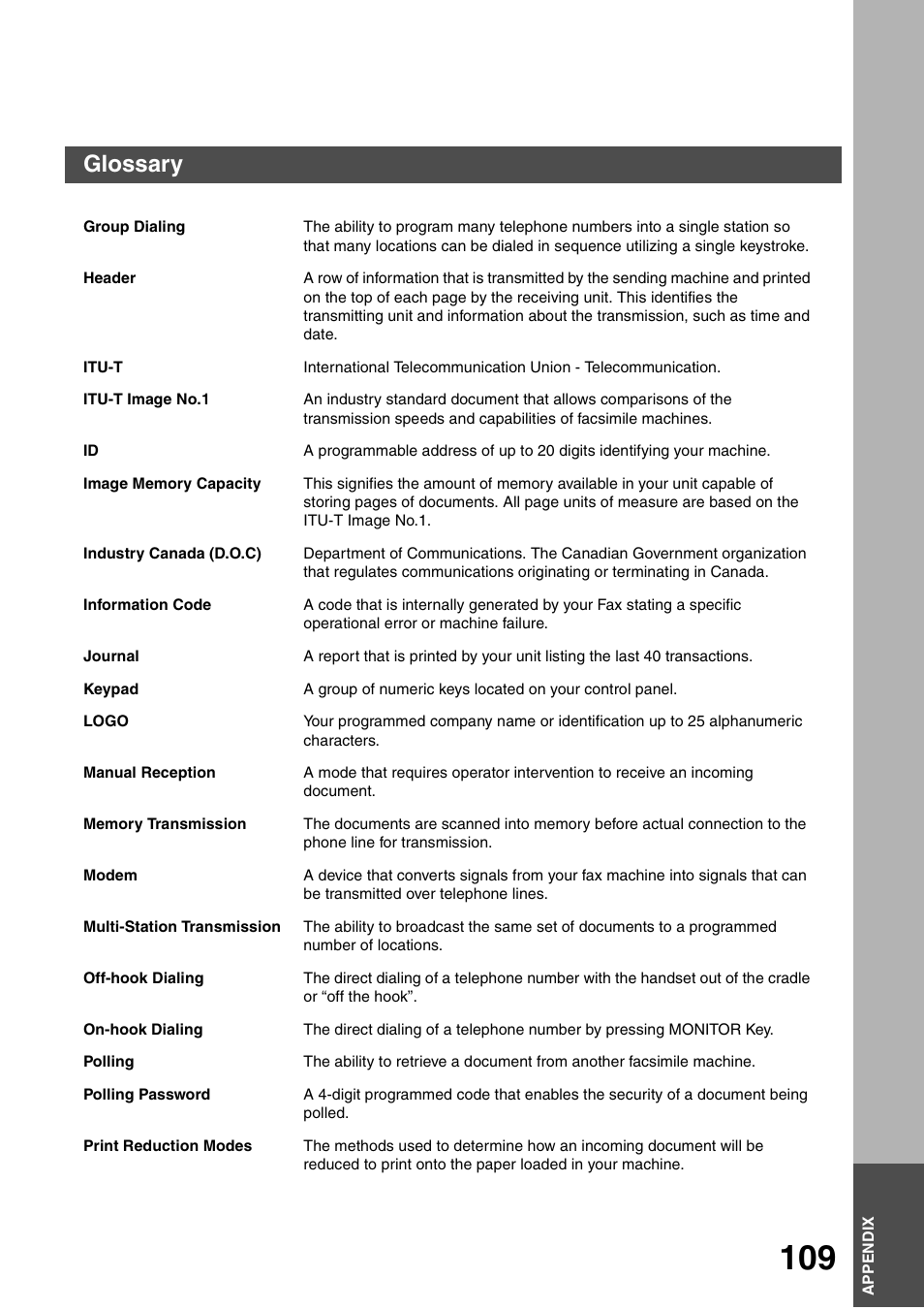 Appendix, Glossary | Panasonic DP-135FP User Manual | Page 109 / 114