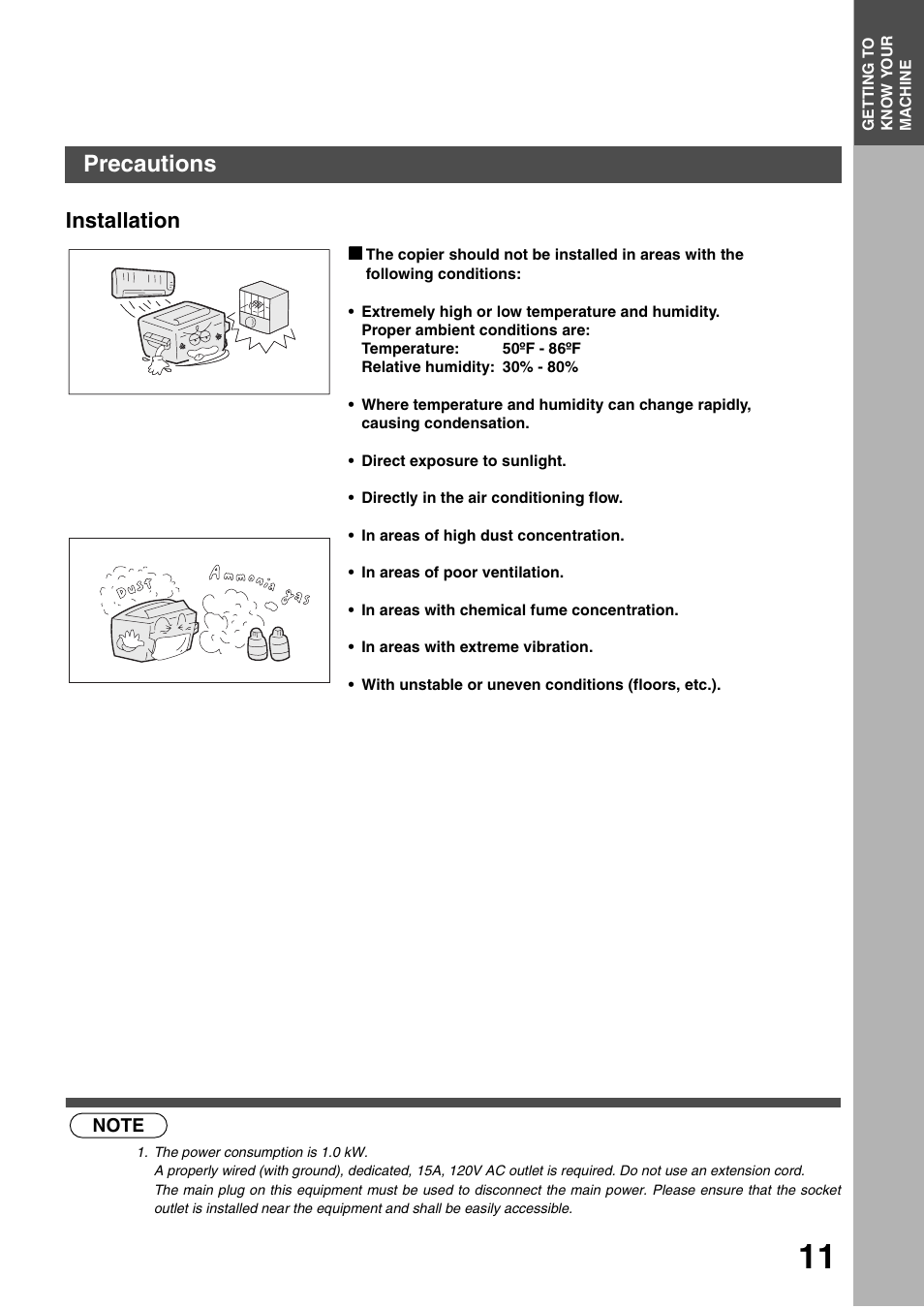 Getting to know your machine, Precautions, Installation | Panasonic DP-135FP User Manual | Page 11 / 114