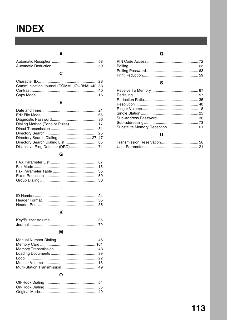 Index | Panasonic DP-135FP User Manual | Page 113 / 114