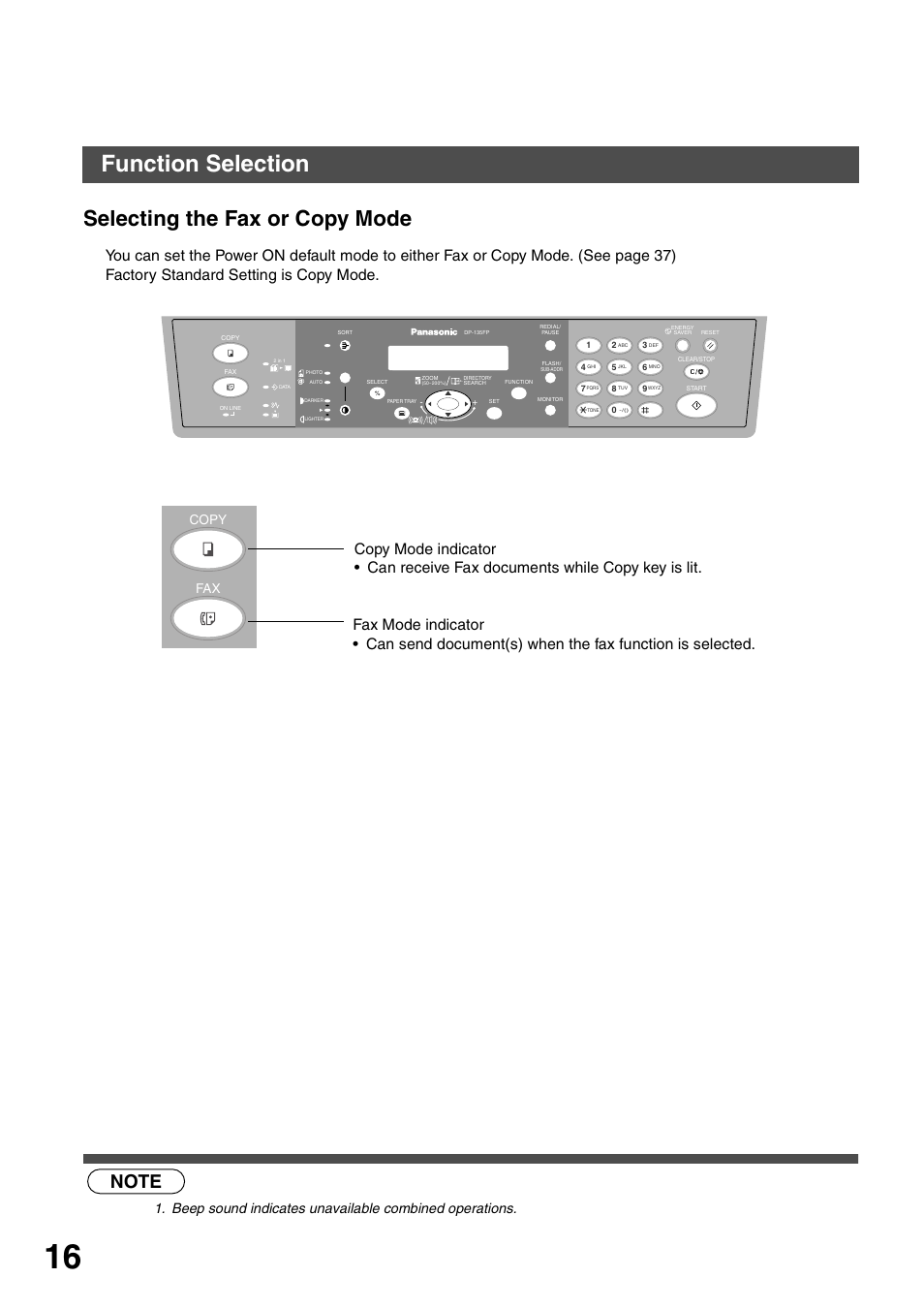 Function selection, Selecting the fax or copy mode, Getting to know your machine | Copy fax | Panasonic DP-135FP User Manual | Page 16 / 114