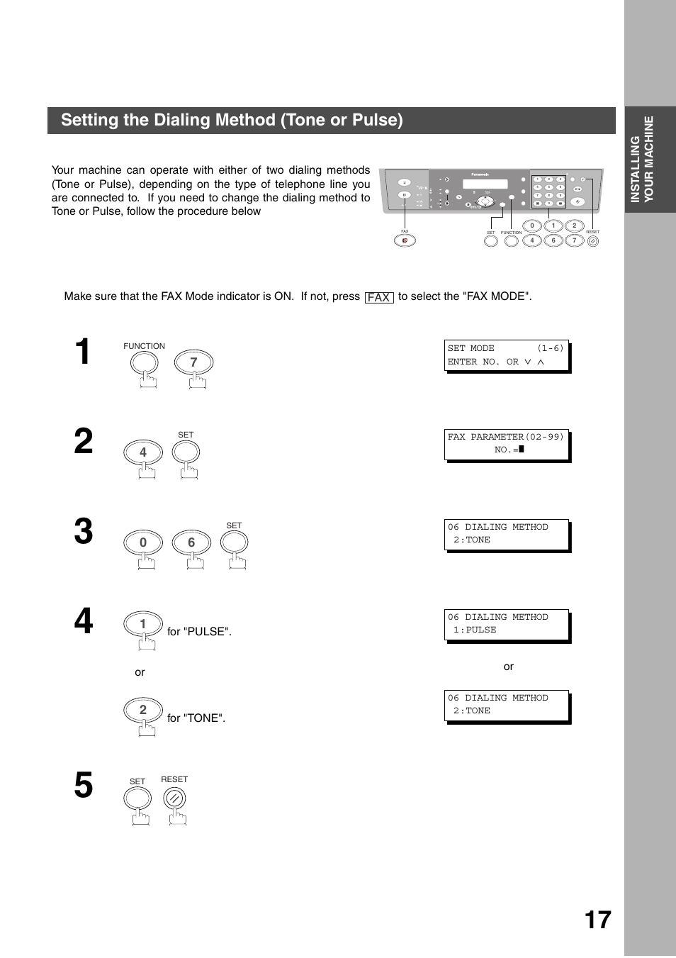 Installing your machine, Setting the dialing method (tone or pulse) | Panasonic DP-135FP User Manual | Page 17 / 114