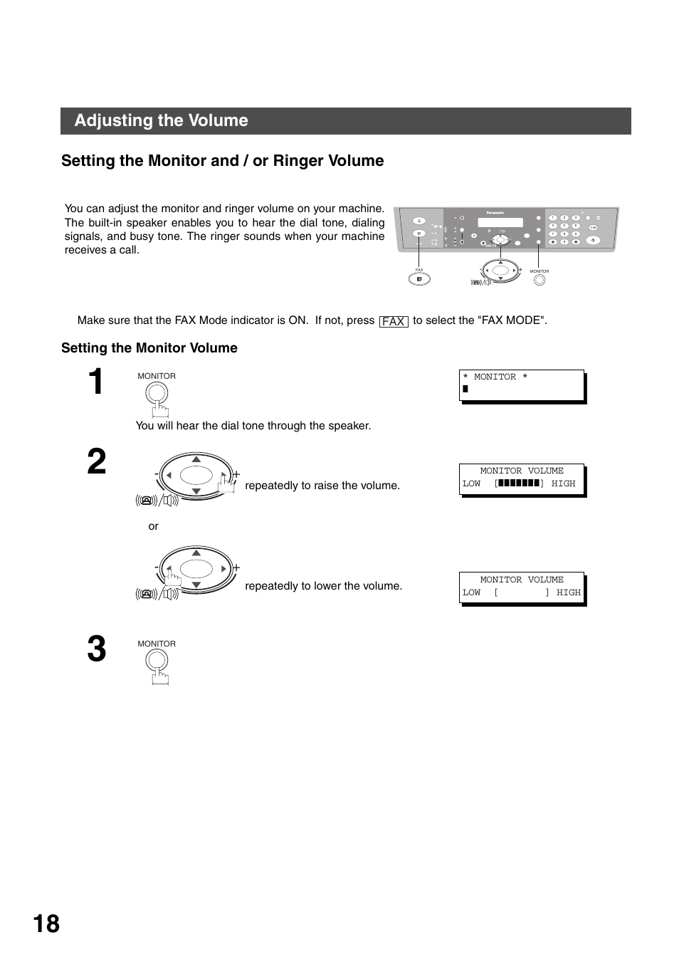 Adjusting the volume, Setting the monitor and / or ringer volume, Setting the monitor volume | Installing your machine | Panasonic DP-135FP User Manual | Page 18 / 114