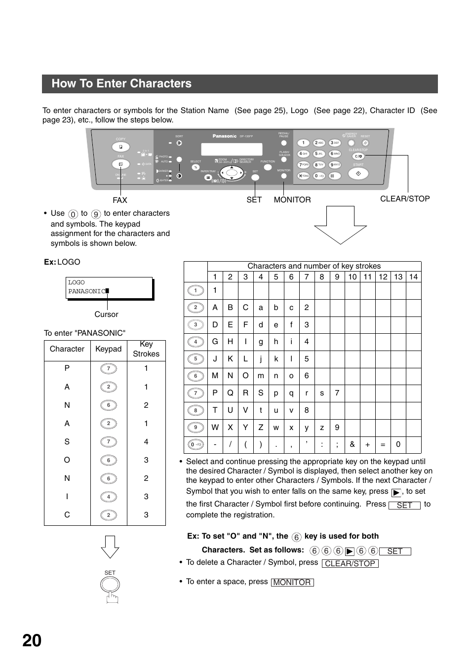 How to enter characters, Installing your machine | Panasonic DP-135FP User Manual | Page 20 / 114