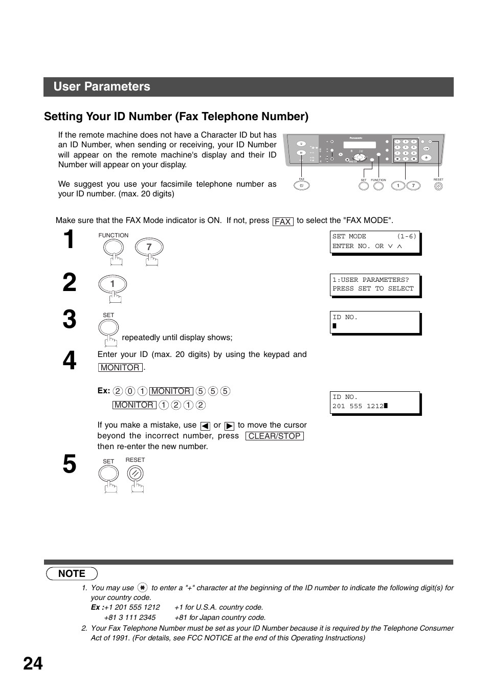 Setting your id number (fax telephone number), Installing your machine, User parameters | Panasonic DP-135FP User Manual | Page 24 / 114