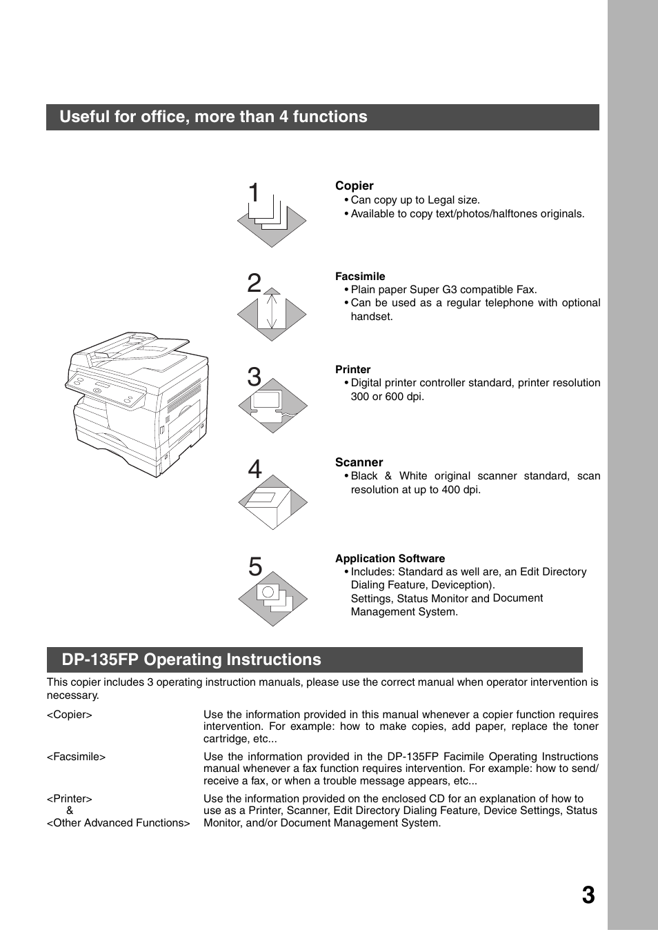 Installing your machine, Dp-135fp operating instructions, Useful for office, more than 4 functions | Panasonic DP-135FP User Manual | Page 3 / 114