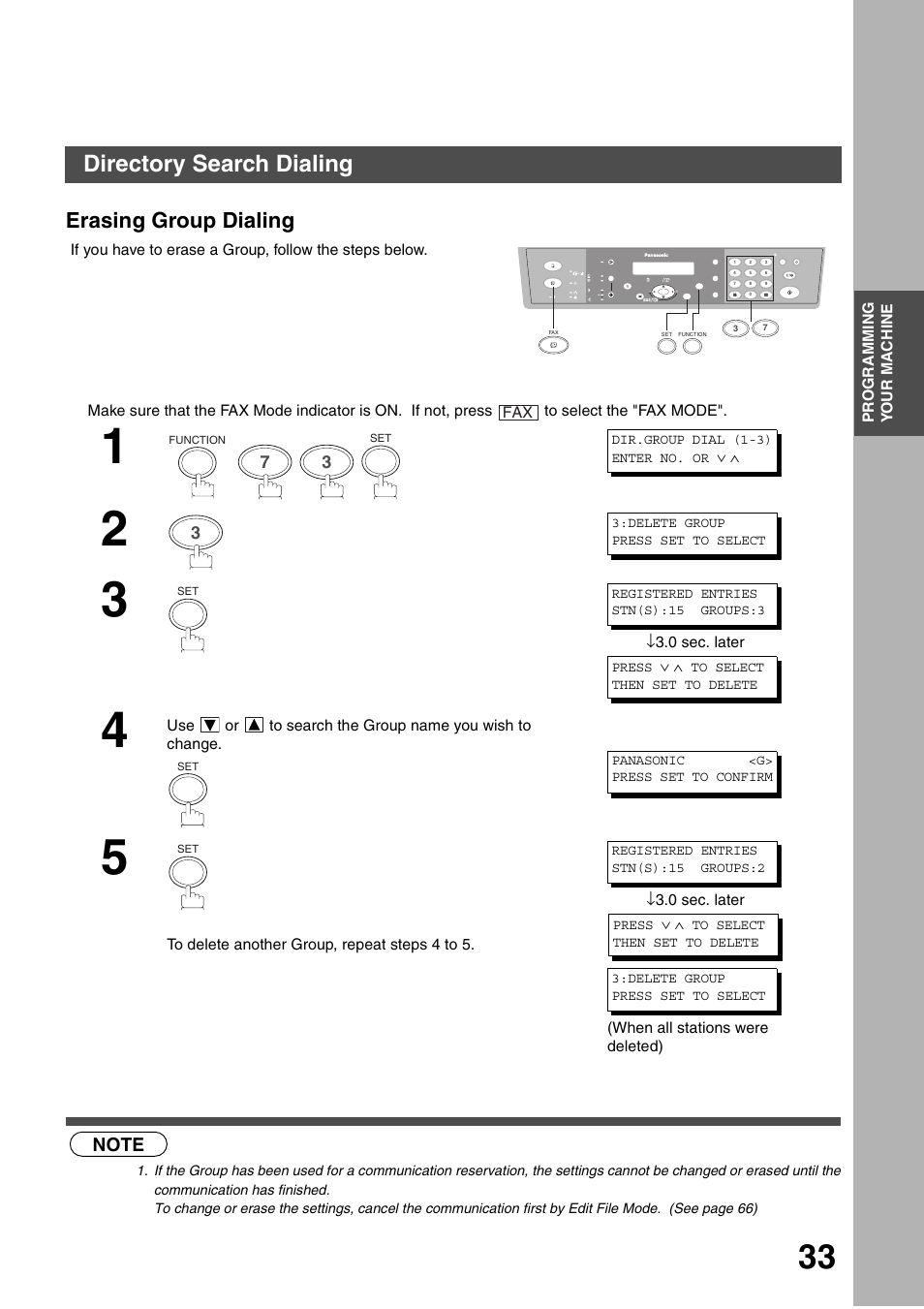 Erasing group dialing, Programming your machine, Directory search dialing | Panasonic DP-135FP User Manual | Page 33 / 114