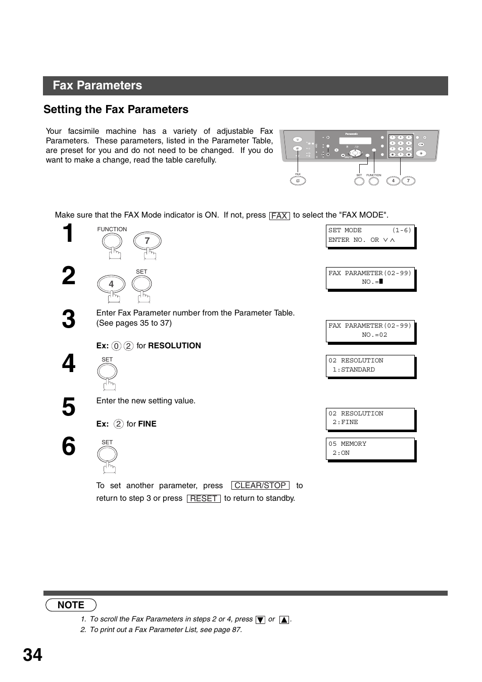 Fax parameters, Setting the fax parameters, Programming your machine | Panasonic DP-135FP User Manual | Page 34 / 114