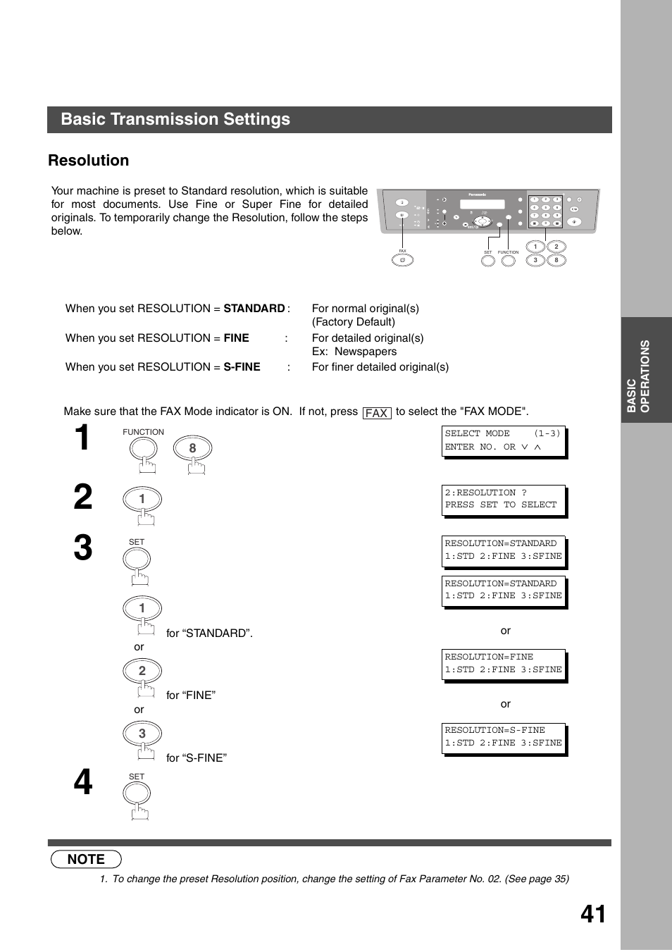 Resolution, Basic transmission settings | Panasonic DP-135FP User Manual | Page 41 / 114