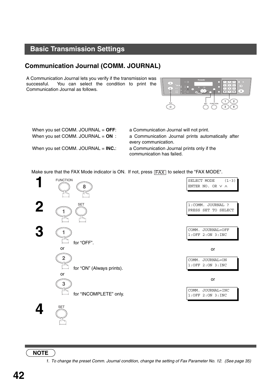 Communication journal (comm. journal), Basic transmission settings | Panasonic DP-135FP User Manual | Page 42 / 114