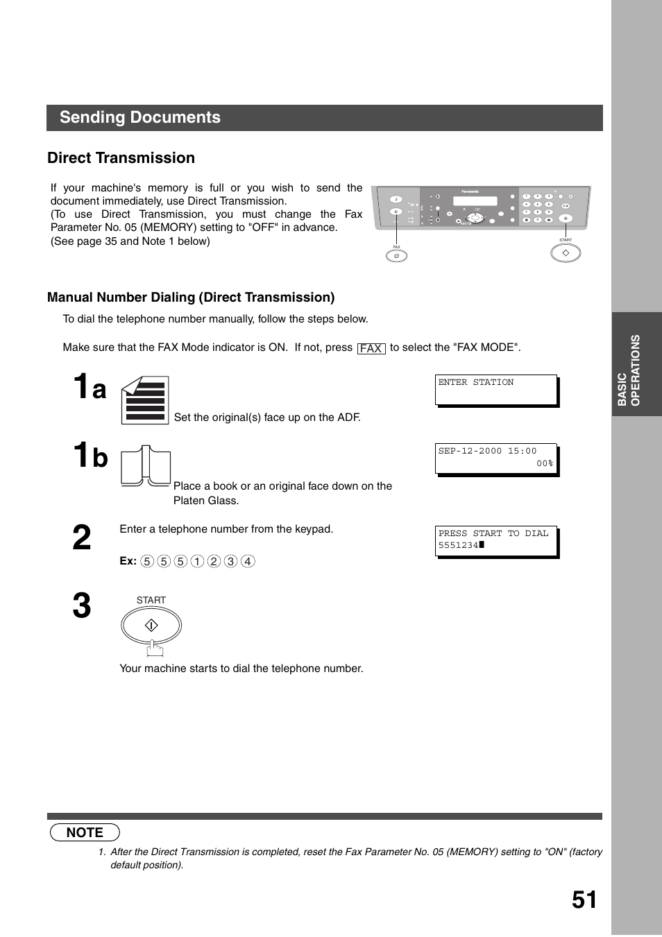 Direct transmission, Manual number dialing (direct transmission), Sending documents | Panasonic DP-135FP User Manual | Page 51 / 114