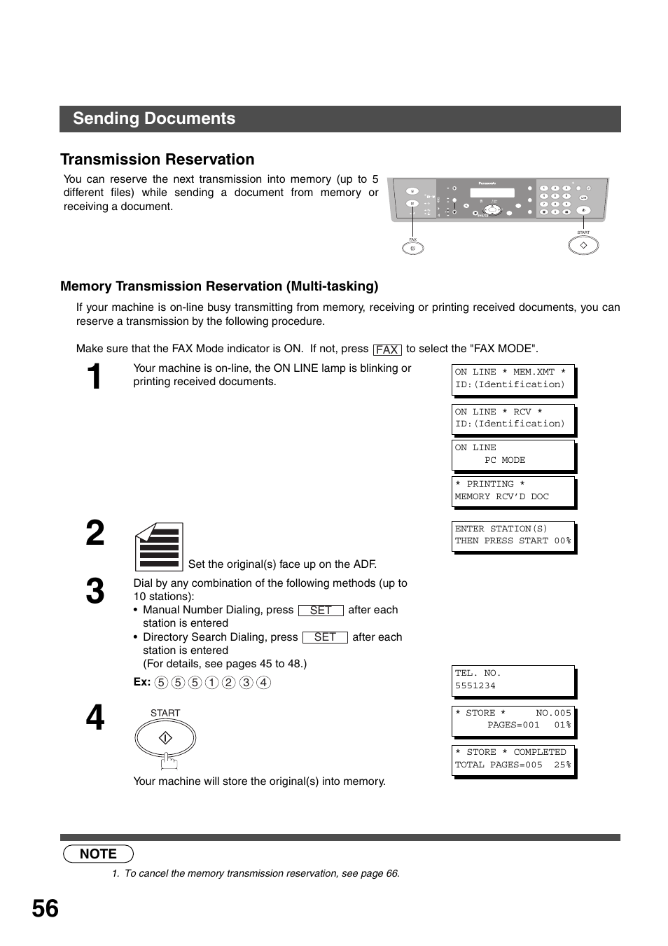 Transmission reservation, Memory transmission reservation (multi-tasking), Sending documents | Panasonic DP-135FP User Manual | Page 56 / 114