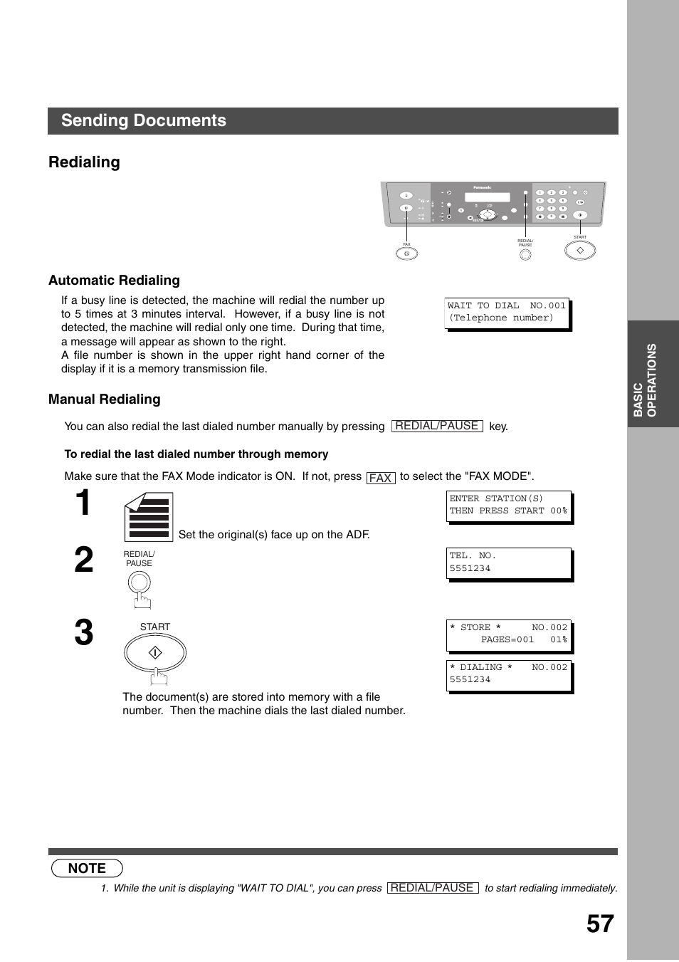 Redialing, Automatic redialing, Manual redialing | Sending documents, Automatic redialing manual redialing | Panasonic DP-135FP User Manual | Page 57 / 114