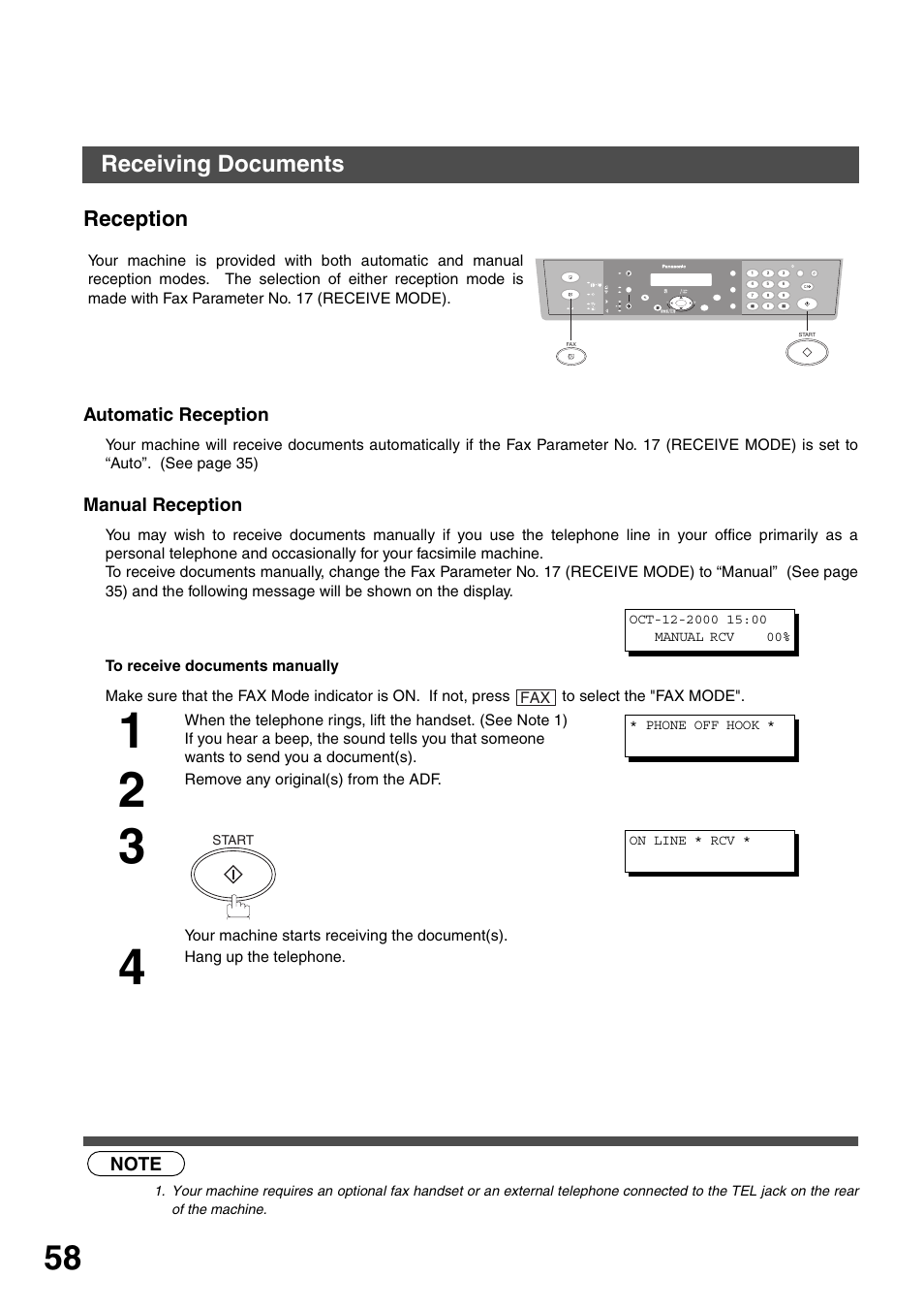 Receiving documents, Reception, Automatic reception | Manual reception | Panasonic DP-135FP User Manual | Page 58 / 114